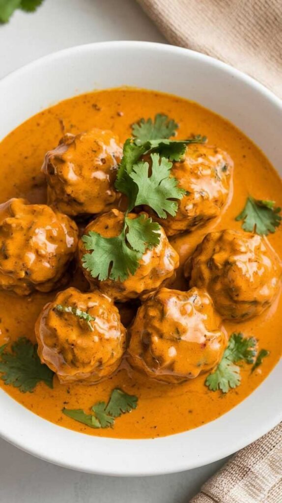 Delicious curry meatballs in creamy sauce garnished with cilantro.
