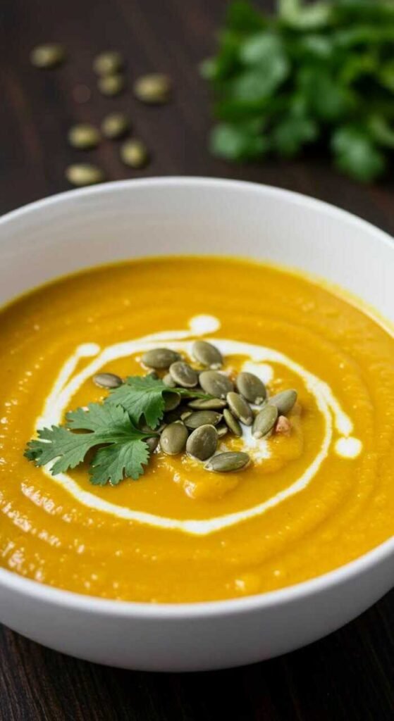 A bowl of creamy curry pumpkin soup garnished with seeds and cilantro.