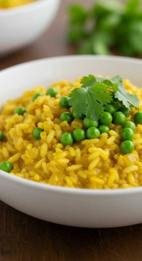 A bowl of creamy curry risotto topped with green peas and garnished with cilantro.