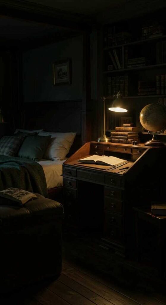 Cozy Dark Academia styled bedroom with vintage books, warm pillows, and soft lighting