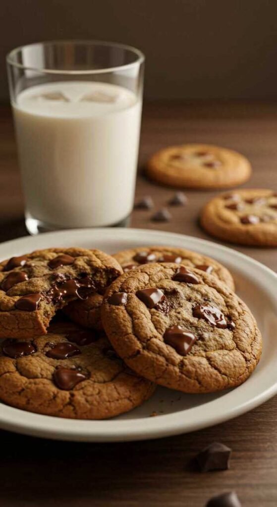 Delicious chocolate chip cookies with a glass of milk