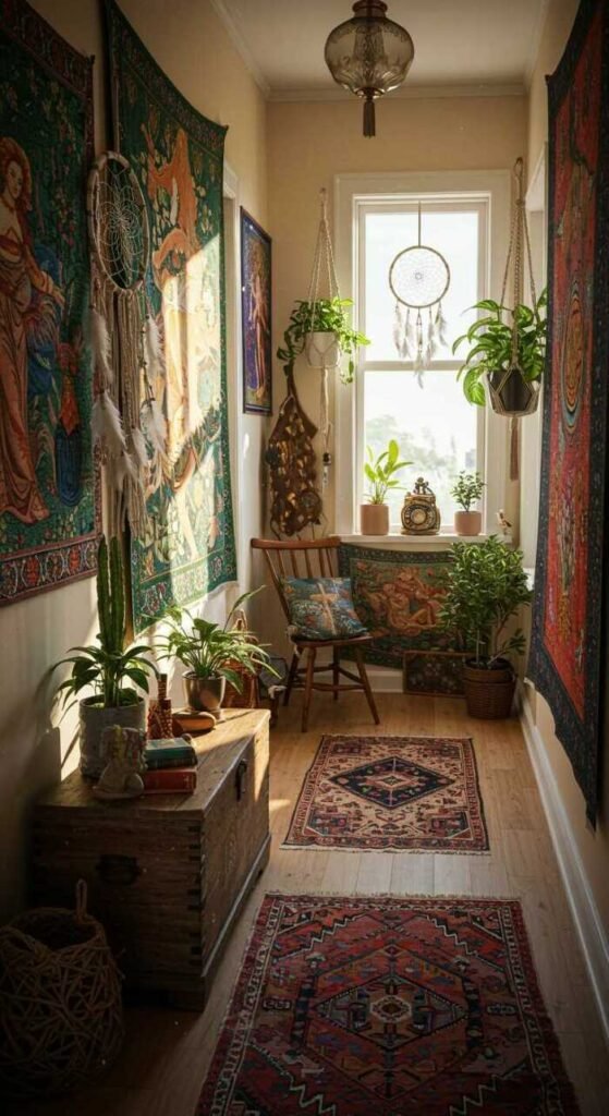 A cozy bohemian hallway decorated with dreamcatchers, tapestries, plants, and warm lighting.