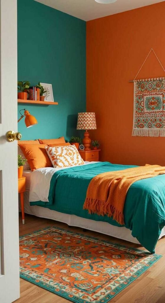 A vibrant bedroom showcasing dynamic color blocking with orange and teal walls, a cozy bed with layered bedding, and charming decor.
