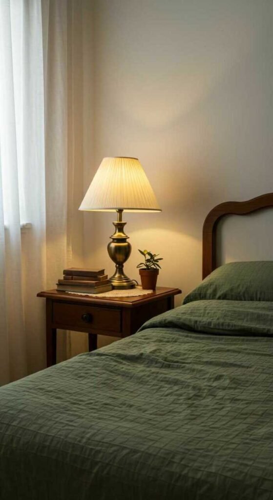 A cozy bedroom with dynamic layered lighting, bedside lamp, and sheer curtains.