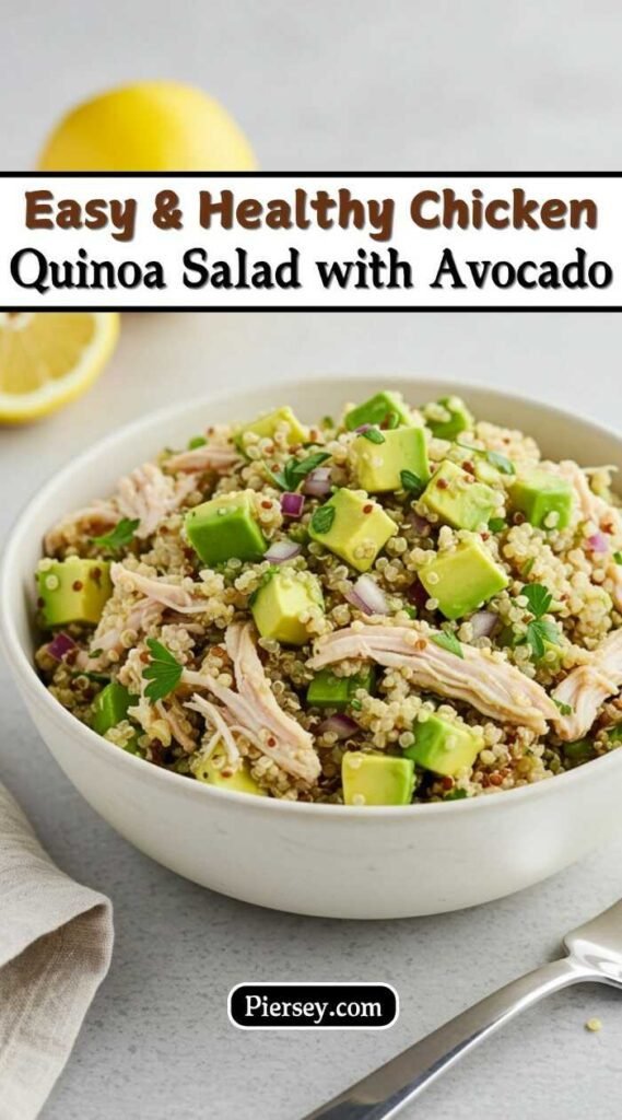 A white bowl filled with quinoa salad, featuring shredded chicken, avocado cubes, and parsley. A lemon is blurred in the background. Text reads, "Easy & Healthy Chicken Quinoa Salad with Avocado."