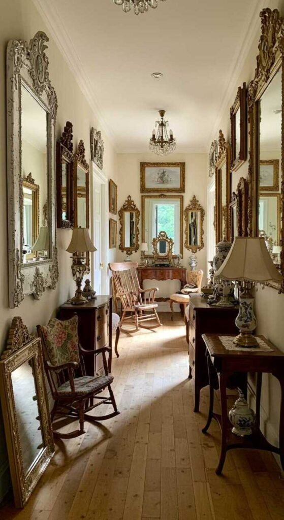 A hallway filled with various eclectic mirrors and vintage furniture.