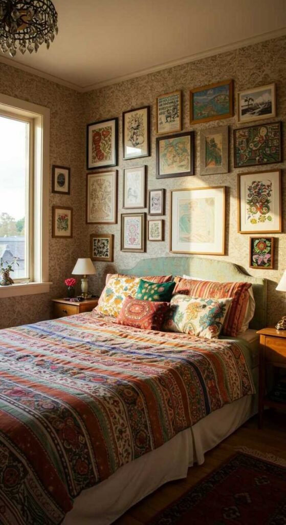 A cozy and eclectic bedroom featuring a mix of patterns, vibrant bedding, a gallery wall.