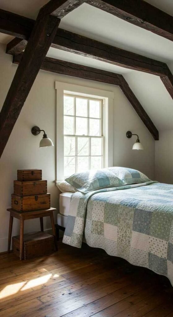A rustic farmhouse bedroom with wooden beams, cozy bedding