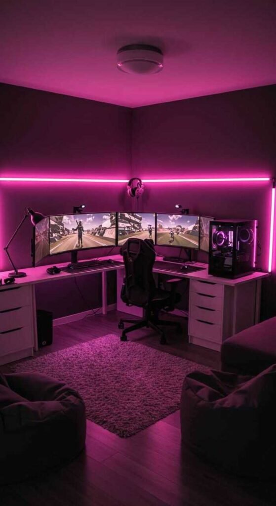 A stylish gaming room with pink neon lighting, modern desk, and cozy seating.