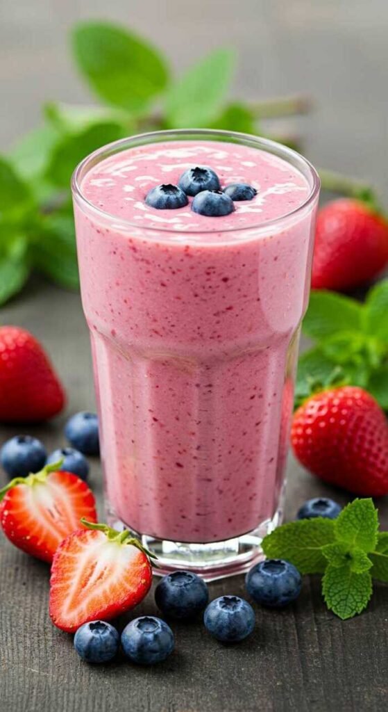 A refreshing fruity breakfast smoothie, served in a tall glass with strawberries and blueberries around it.
