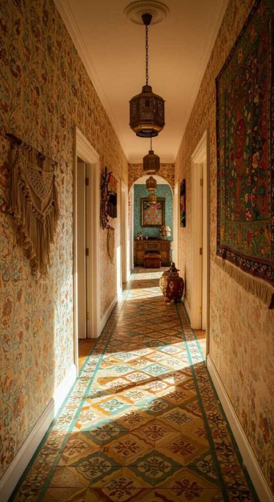 A vibrant bohemian hallway with patterned floor tiles and colorful walls