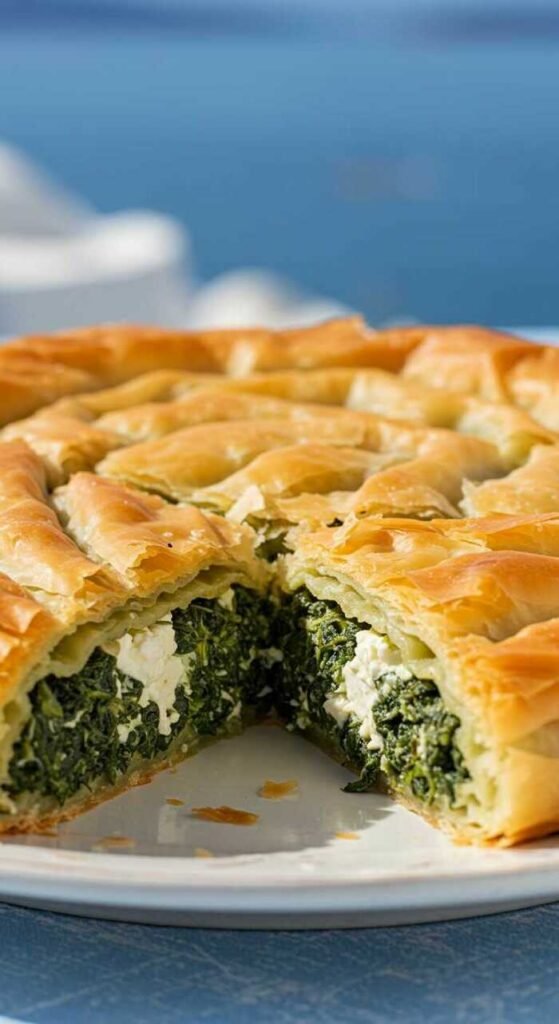 A delicious Greek Spanakopita pie with spinach and feta cheese.
