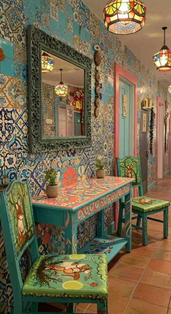 A vibrant hallway featuring hand-painted furniture, including a console table and chairs, with colorful tiles and light fixtures.
