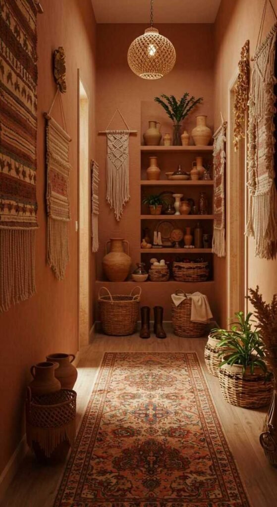 A bohemian hallway decorated with handmade artifacts including pottery, wicker baskets, and wall hangings, featuring a cozy atmosphere.