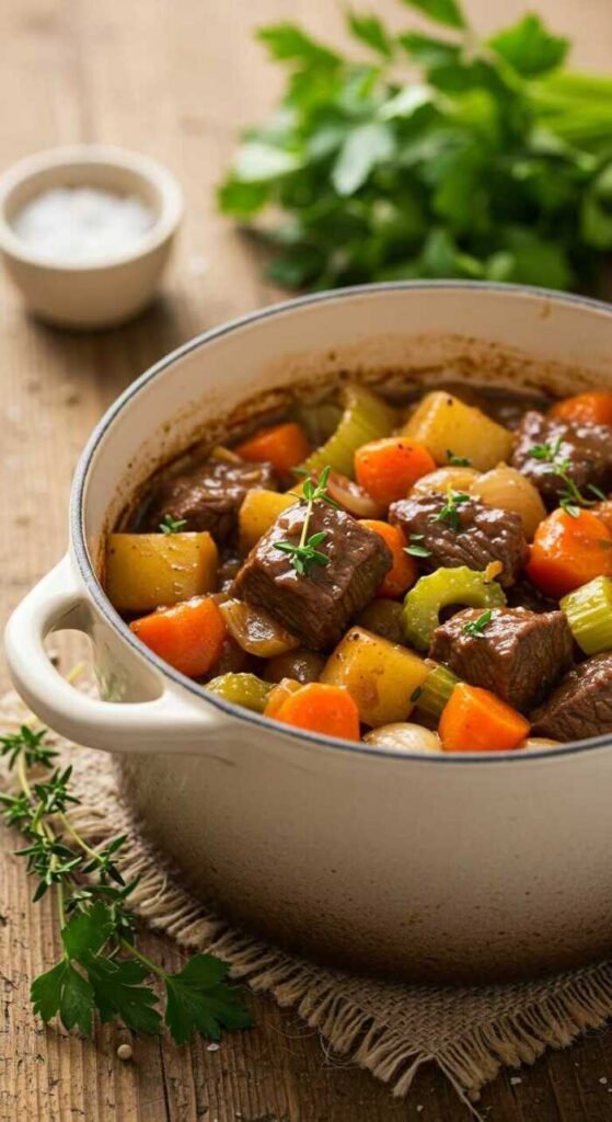 Hearty beef stew with vegetables in a pot