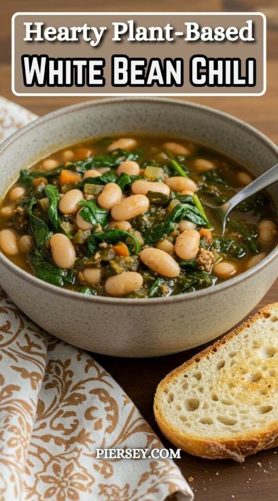 A bowl of hearty plant-based white bean chili with spinach, surrounded by patterned cloth and a slice of bread, conveying a warm and nourishing feel.