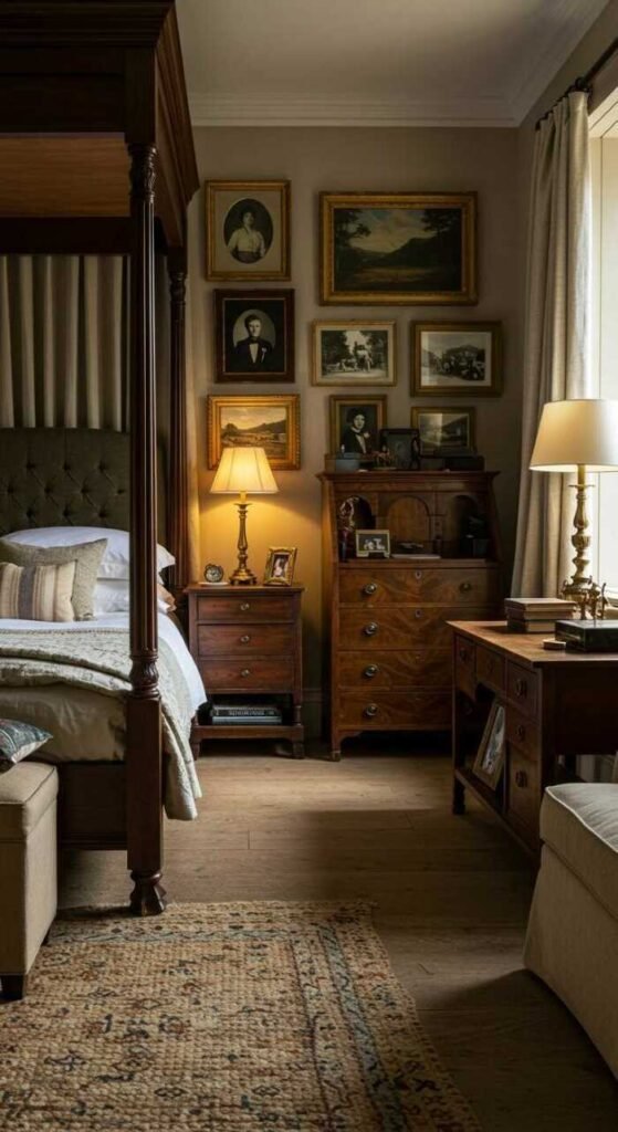 Heritage inspired bedroom with vintage furniture, layered textiles, and warm lighting.
