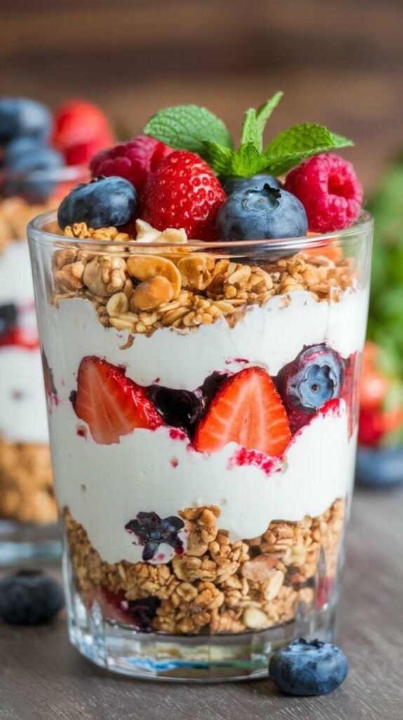Delicious homemade granola parfait layered with Greek yogurt and fresh berries.