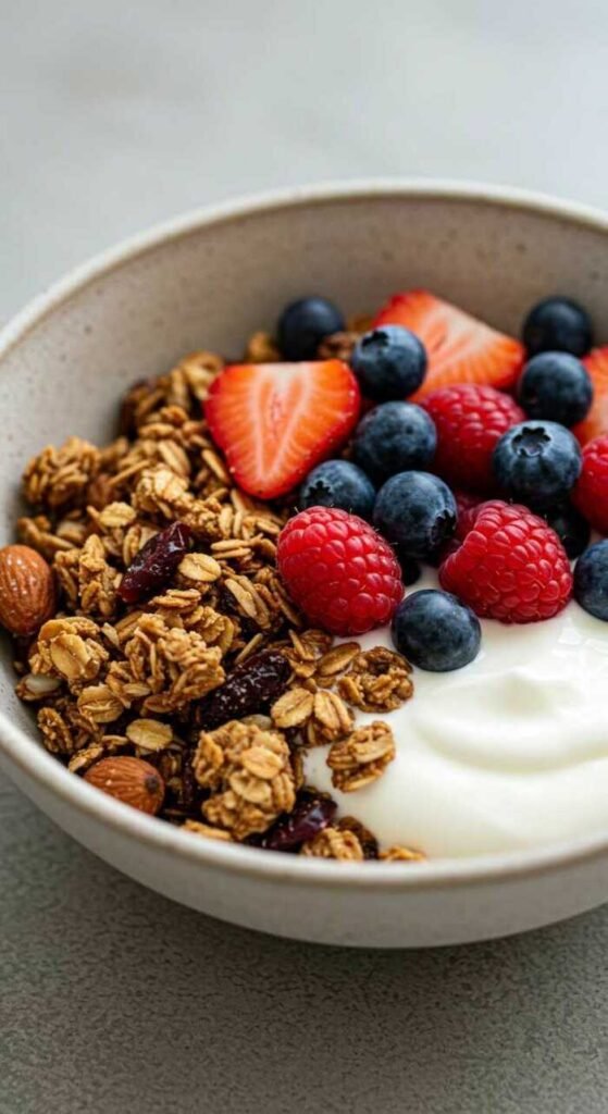 A bowl of homemade granola topped with yogurt and fresh berries