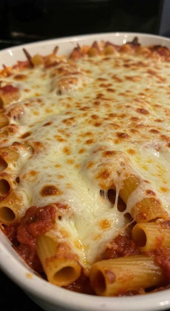 A close-up of baked ziti, showcasing creamy cheese.