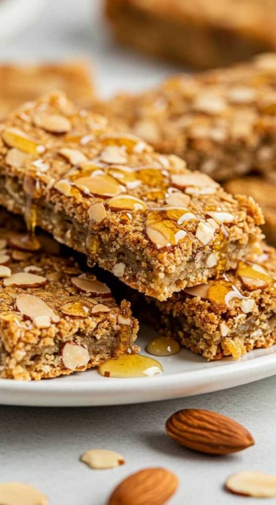 A plate of honey almond granola bars, drizzled with honey and scattered with almonds.