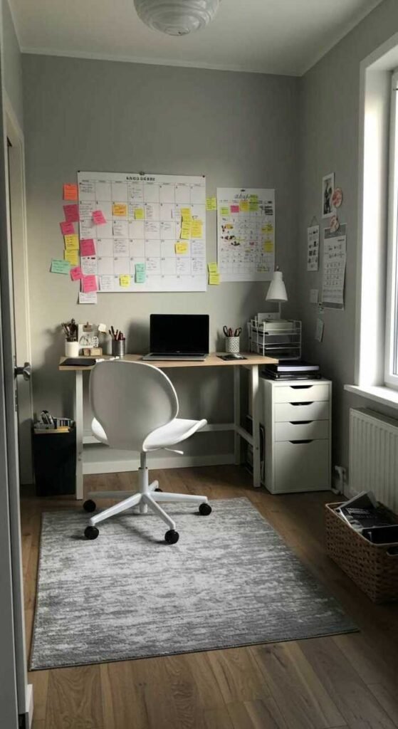 A calendar wall in a small home office with cozy decor.