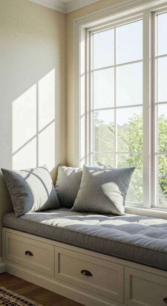 A cozy window seat with cushions and storage.