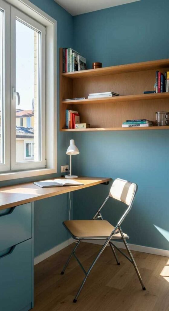 A cozy small home office with a compact desk, foldable chair, and wall-mounted shelves.