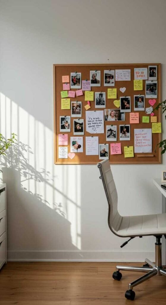 A stylish bulletin board filled with photos and notes in a cozy home office setting.