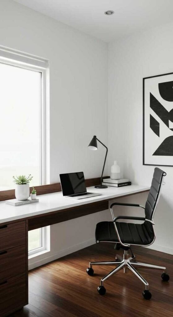 Cozy wall-mounted desk in a minimalist home office with plants and stylish decor.