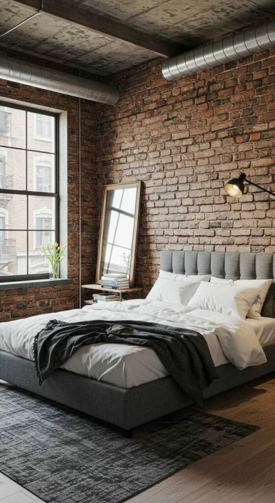A modern bedroom showcasing industrial loft design with exposed brick walls, cozy bedding, and stylish decor.