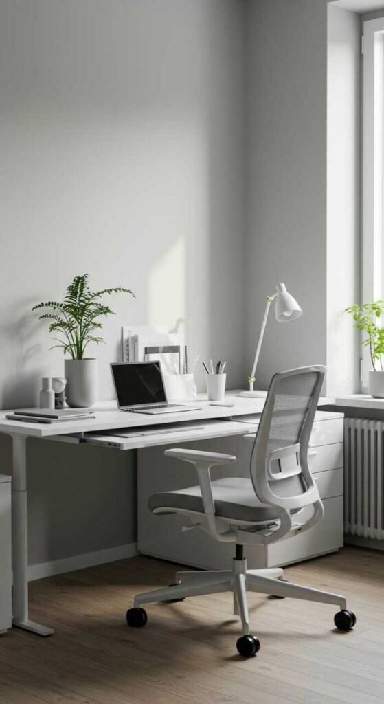 A minimalist home office featuring a desk, ergonomic chair, and plants.