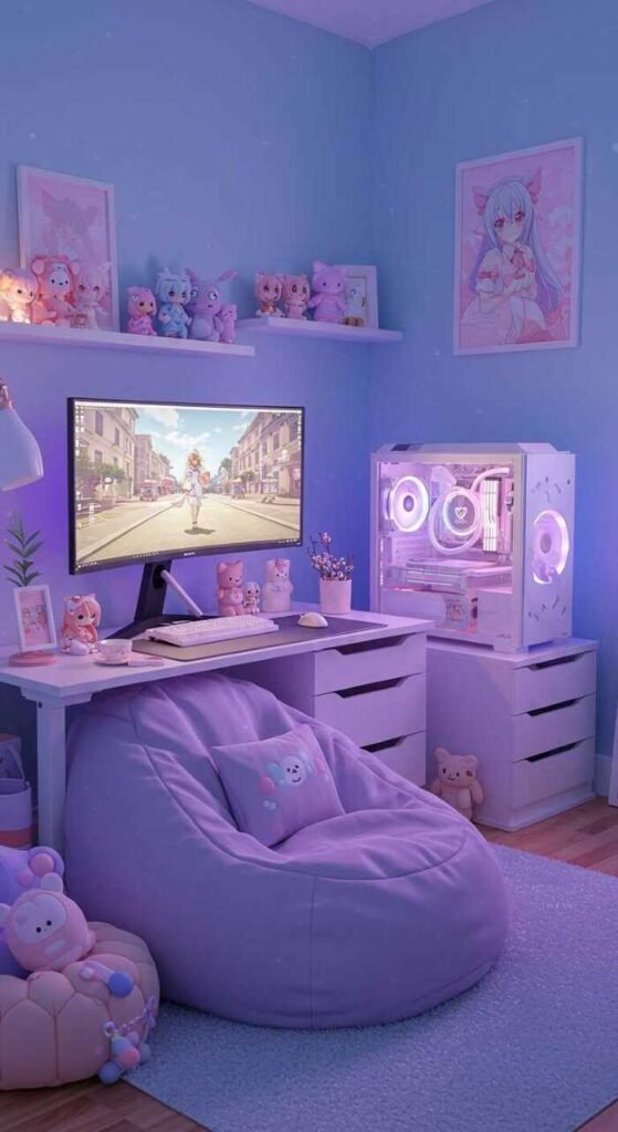 A cozy gaming corner featuring a modern gaming desk with dual monitors, vibrant lights, and comfortable seating.