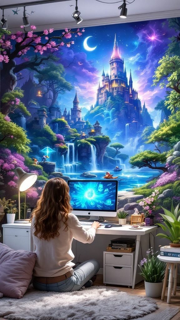 A cozy gaming room with a vibrant wall mural of a fantasy castle and nature, a gaming desk with a computer, and decorative plants.