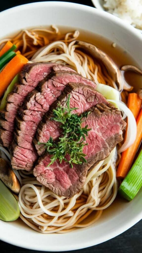 Japanese Beef Sukiyaki with colorful vegetables and noodles.