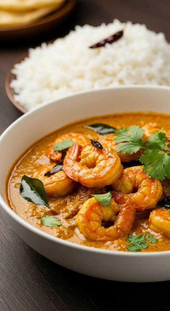 Keralan Prawn Curry served with rice and garnished with fresh herbs