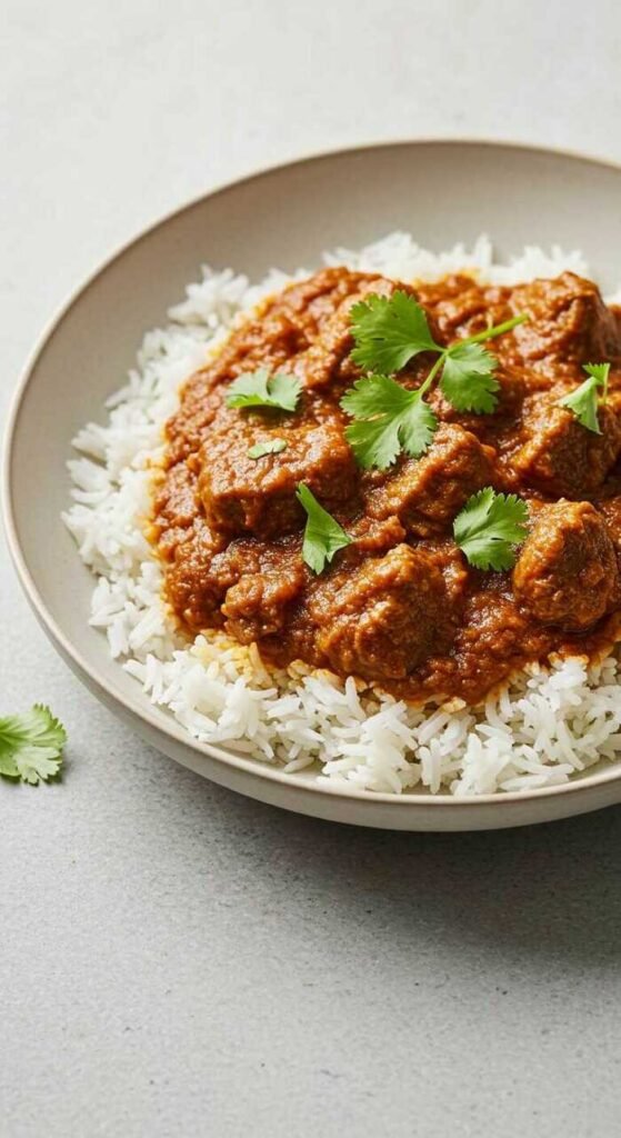 A bowl of Lamb Rogan Josh served over rice, garnished with cilantro.