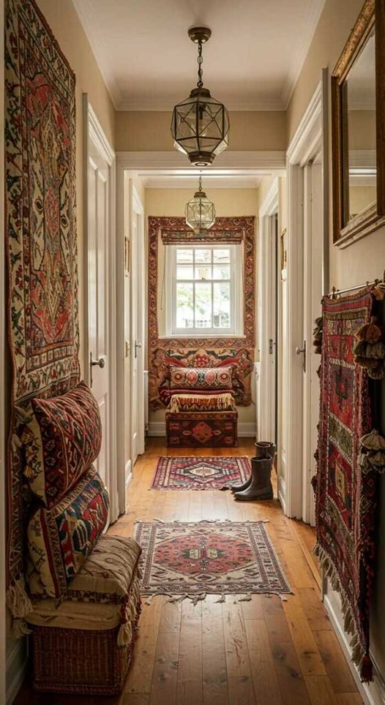 Cozy bohemian hallway with layered textiles, including cushions and throws.