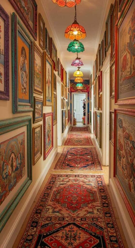 A hallway featuring a variety of wall art with colorful frames and lighting