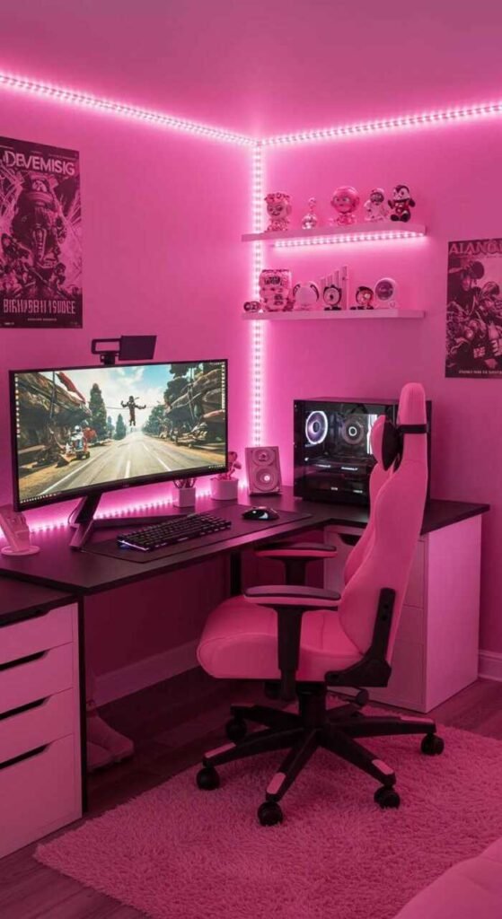 A vibrant gaming room with LED lighting, dual monitors, and modern decor.