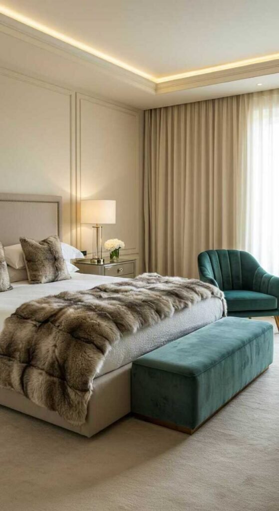 A luxurious bedroom featuring faux fur accents on the bed, soft lighting, and stylish decor.