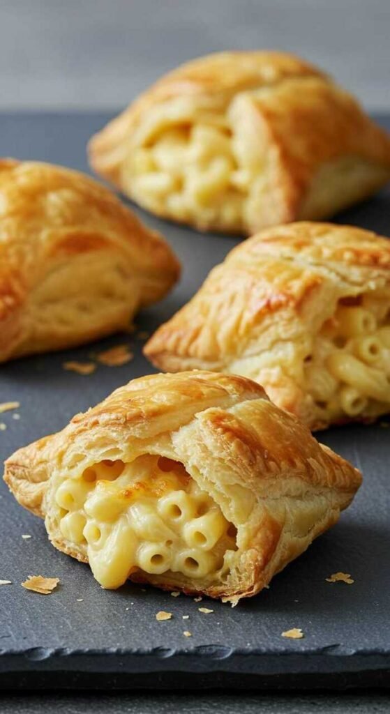 Golden puff pastry filled with macaroni and cheese.
