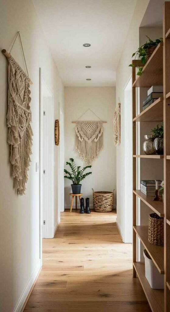 A stylish hallway decorated with macrame wall hangings, plants, and natural decor elements.