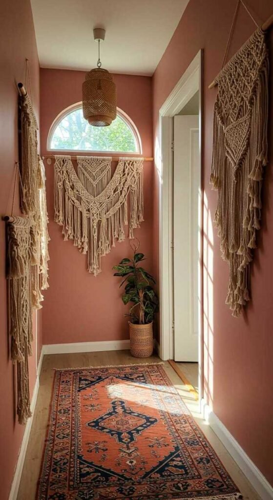 A cozy bohemian hallway featuring macrame wall hangings, plants, and warm lighting.
