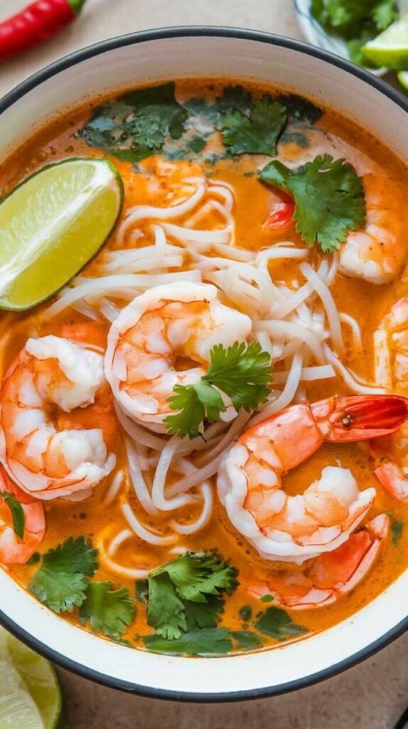 A vibrant bowl of Malaysian Laksa Coconut Soup with shrimp and cilantro garnished.