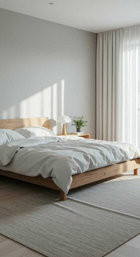 A serene, minimalist Scandinavian bedroom with soft lighting, wooden elements, and indoor plants.