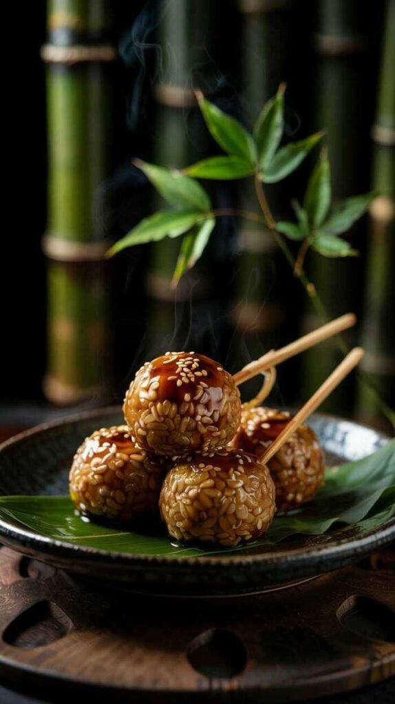 Mitarashi Dango, delicious grilled rice dumplings coated with sweet soy sauce glaze.