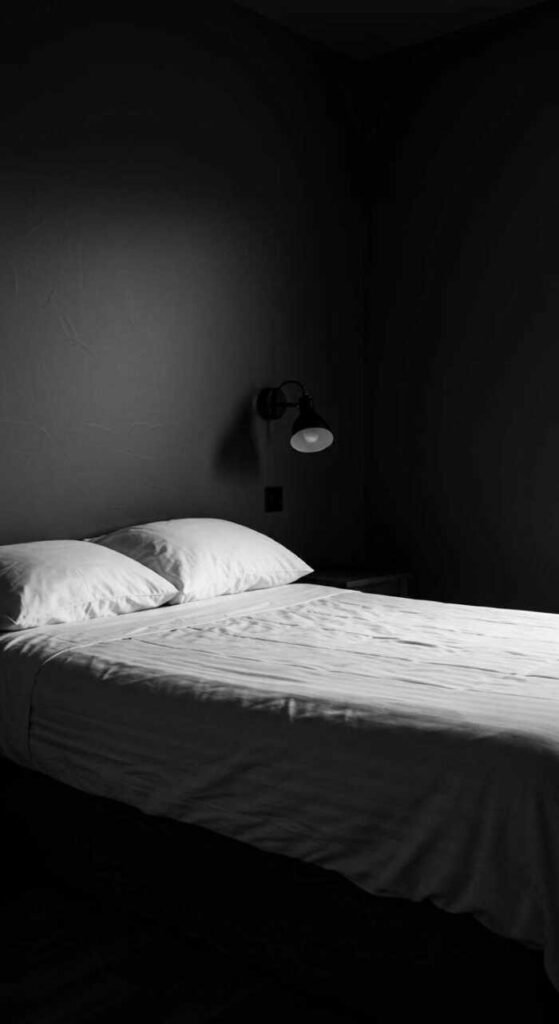 A modern monochrome bedroom featuring a cozy bed with white bedding, dark walls, and soft lighting.