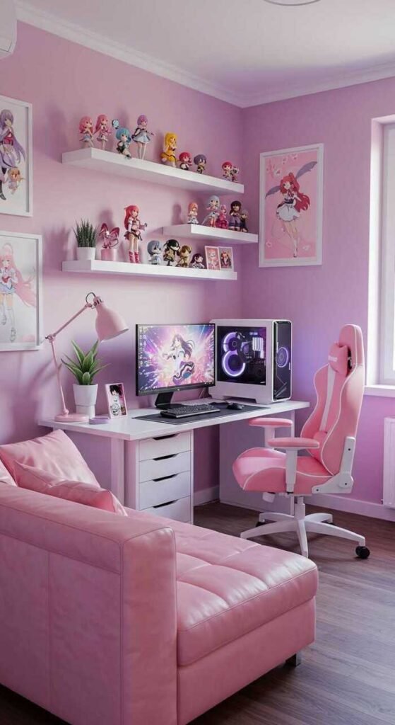 A stylish gaming room featuring a modern desk setup, cozy leather sofa, and decorative wall shelves.