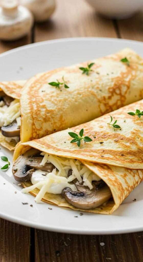 Mushroom and Cheese Stuffed Crepes on a plate with fresh herbs